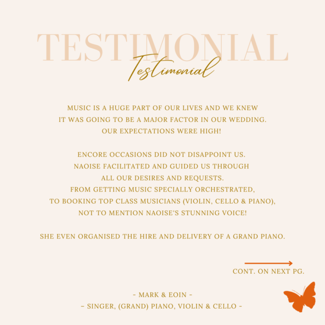 Image of text testimonial or review for wedding music services provided by Encore Occasions