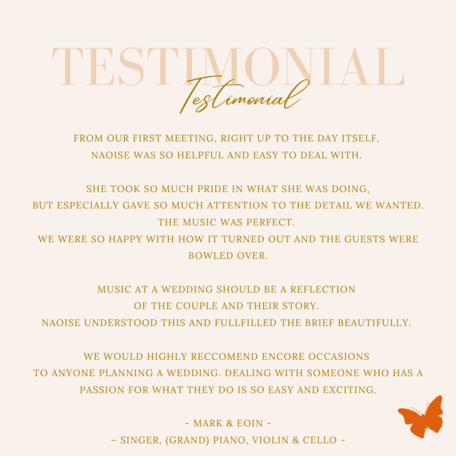 Text based image describing the service received from Encore Occasions, wedding music provider.