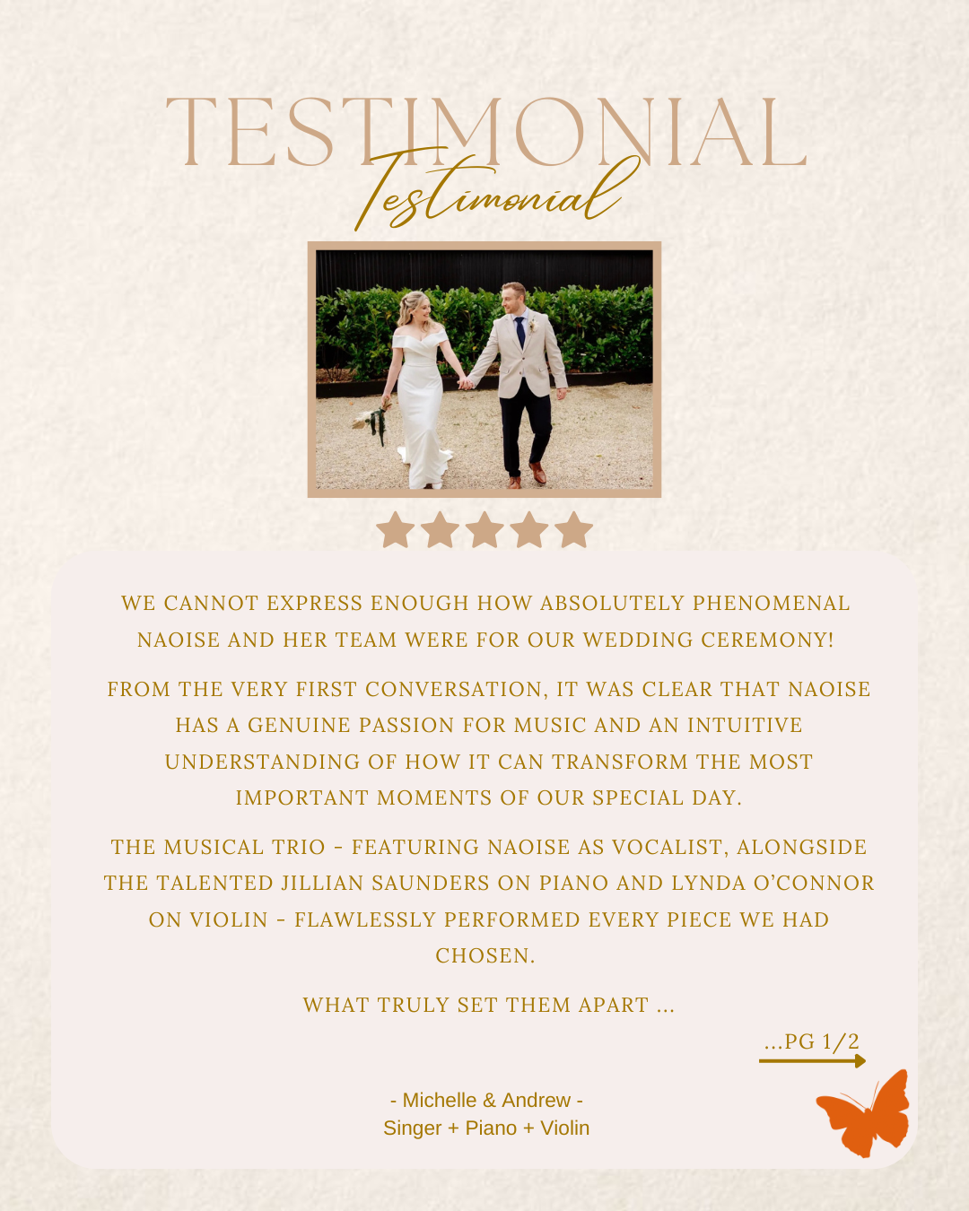Image of happy couple with wedding music testimonial text - about their positive experience with Encore Occasions