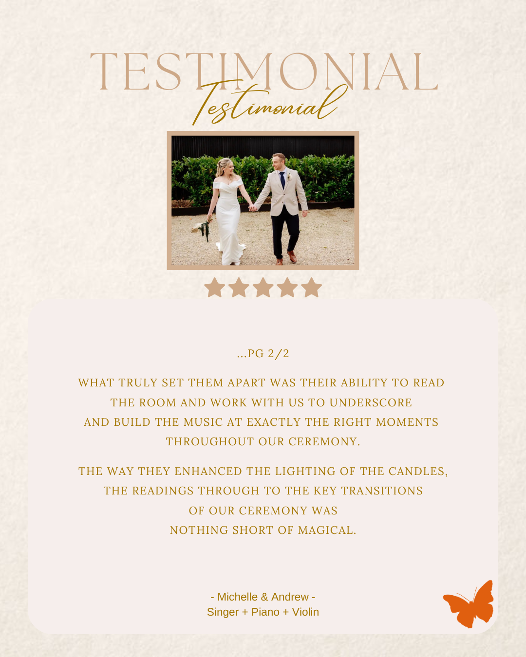 Image of happy couple with wedding music testimonial text - about their positive experience with Encore Occasions