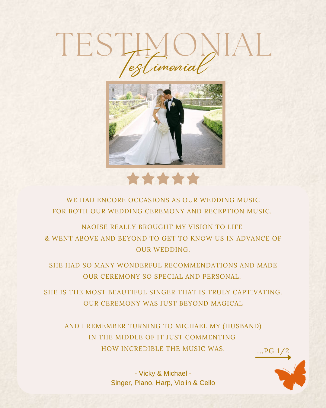 Image of happy couple with wedding music testimonial text - about their positive experience with Encore Occasions