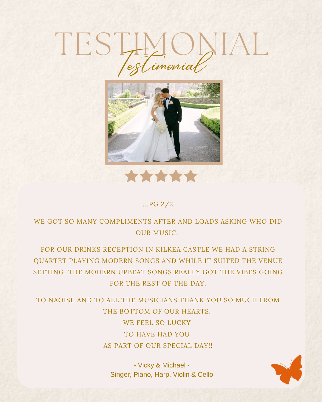 Image of happy couple with wedding music testimonial text - about their positive experience with Encore Occasions